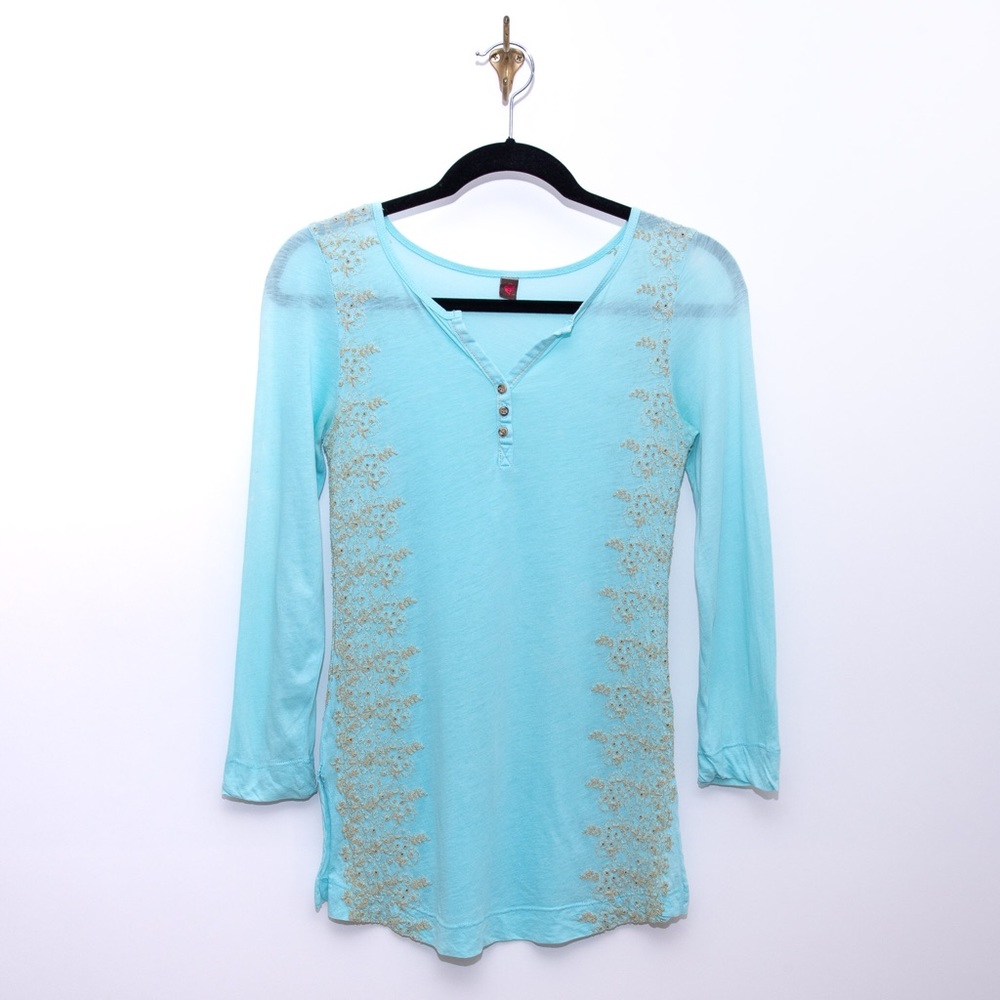 Blue Henley Style Shirt With Stunning Embroidery